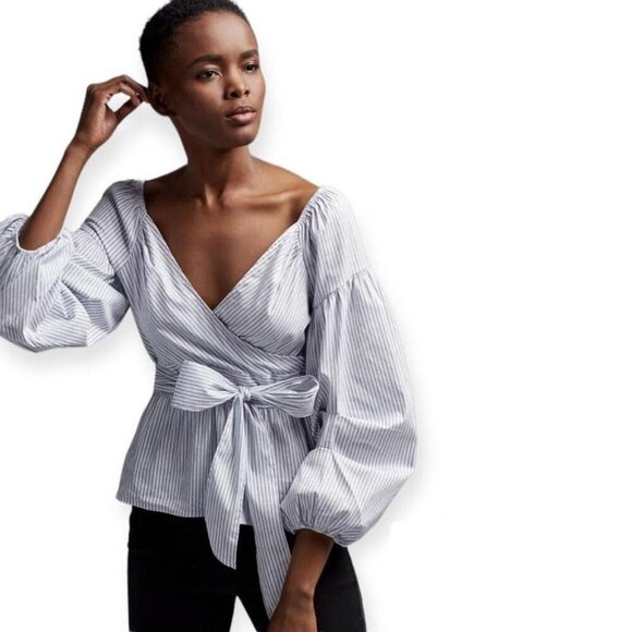 Classic Blue & White Striped Wrap Blouse | Express | Size M - Picture 1 of 5